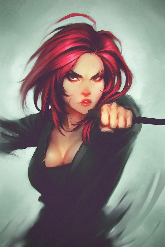 Anime girl with red hair holding a knife