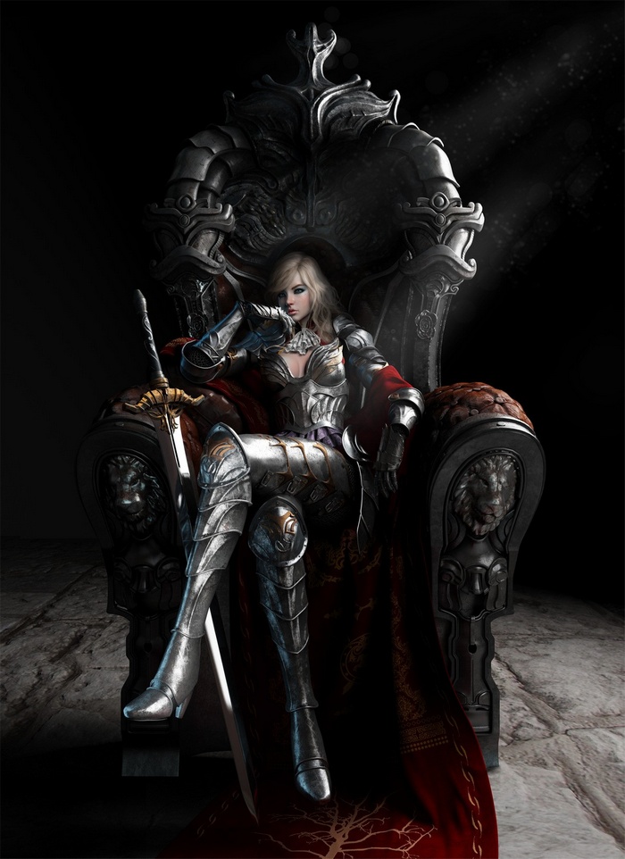 Woman in armor sitting on a throne