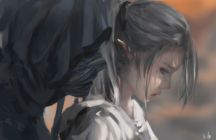 Fantasy art of an elf with dark wings