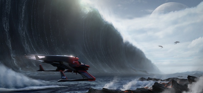 Sci-fi vehicle facing a giant wave with flying ships