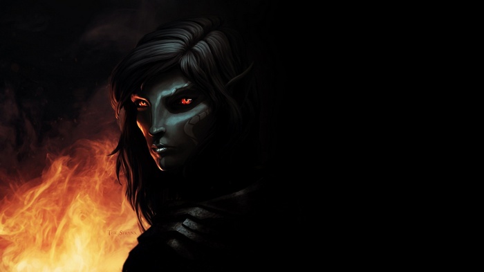 Dark Elf with red eyes in front of fire