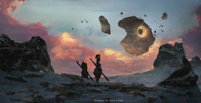 Fantasy art of floating rocks and figures