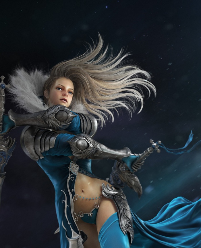 Blonde warrior with swords and blue dress