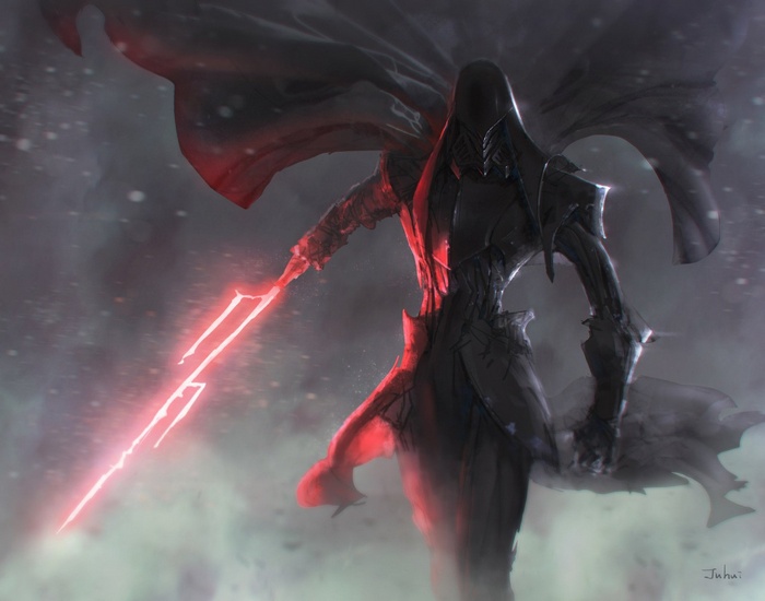 Dark warrior with a red lightsaber