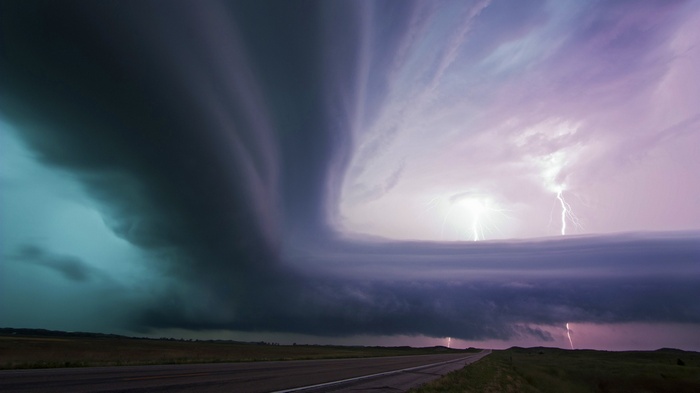 landscape, storm, field, long exposure, trees, lightning, nature, road, sky, clouds, sunset