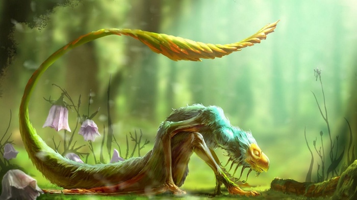 Fantasy creature with a long tail in a forest