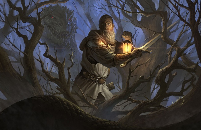 Knight with lantern and sword facing a basilisk in a dark forest