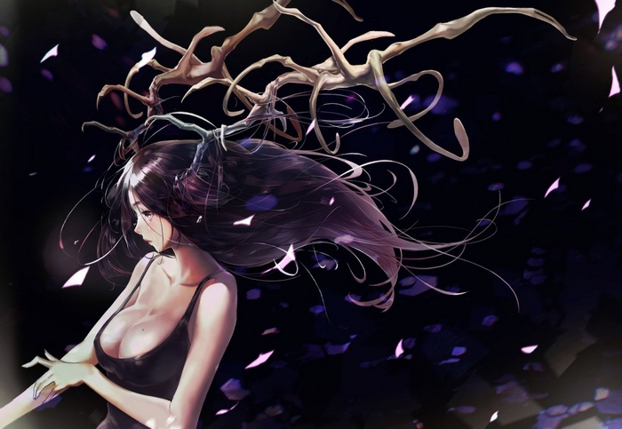 Anime girl with antlers and flowing hair