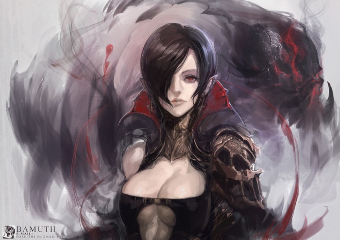 Anime girl with dark hair and red eyes
