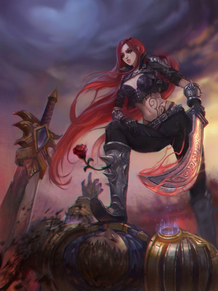 Katarina from League of Legends standing over a defeated foe
