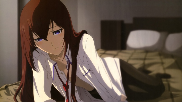 Makise Kurisu in a white shirt with a red tie