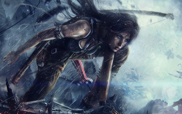 Lara Croft in Tomb Raider during a storm