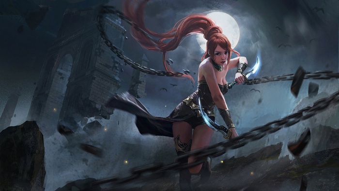 Anime warrior girl with chains and crescent blades