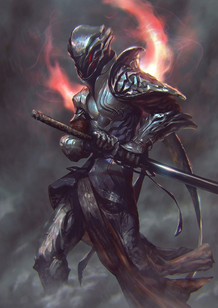 Warrior in ornate armor with a sword and red aura