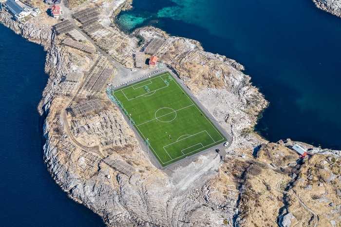 Soccer pitch on rocky coast in Lofoten Islands, Norway