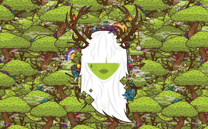Psychedelic forest with a figure with antlers and green face