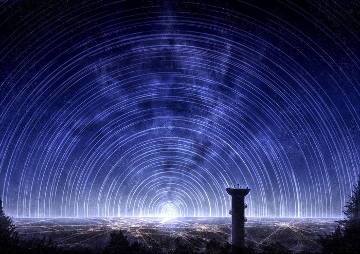 Fantasy art of a city at night with star trails