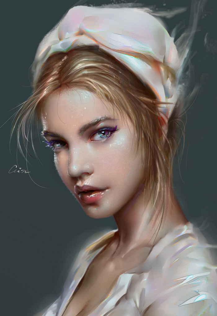 Digital painting of a woman with blonde hair and purple eyeliner