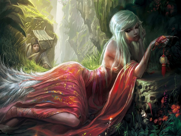 Fantasy art of a woman with a fox tail and a man hiding