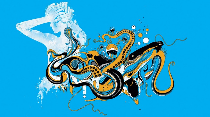 Abstract artwork of a woman and sea creatures