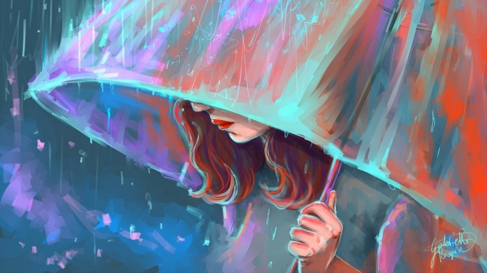 Woman under a colorful umbrella in the rain