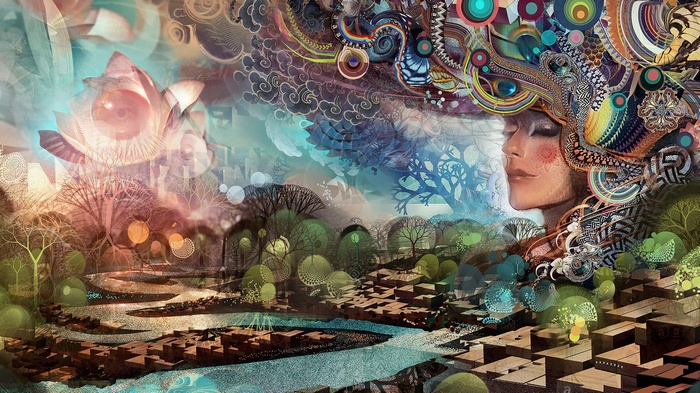 3D, closed eyes, digital art, water, trees, ornamented, artwork, Android Jones, women, painting, abstract, fantasy art, face, circle, geometry