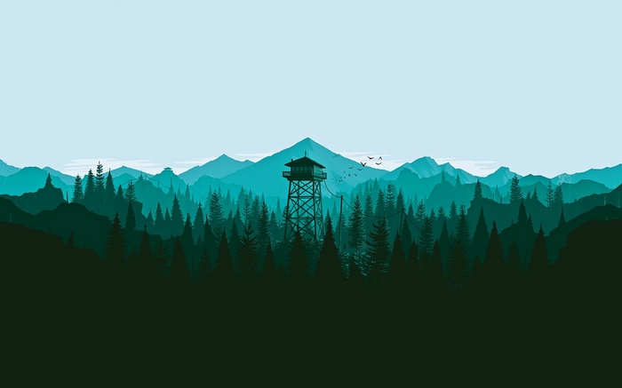 Firewatch tower in a teal forest landscape