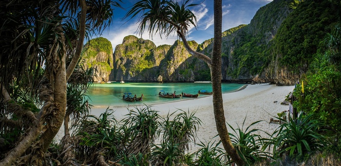 limestone, landscape, tropical, boat, sand, water, beach, shrubs, morning, rock, trees, turquoise, nature, Thailand, sea, white