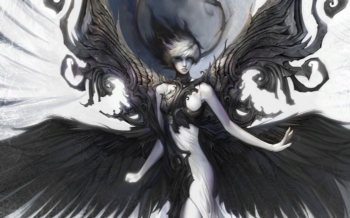 Fantasy art of a winged being with black and white wings