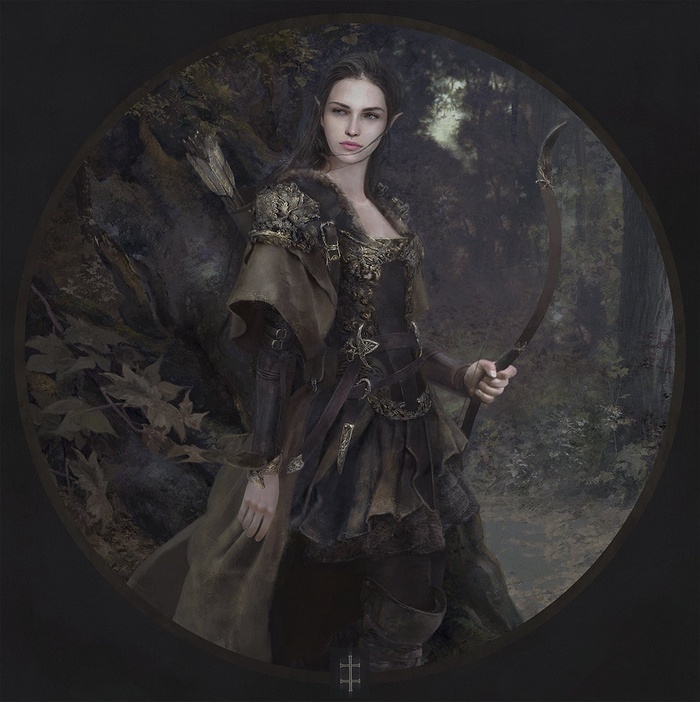 Elf woman with bow in a forest