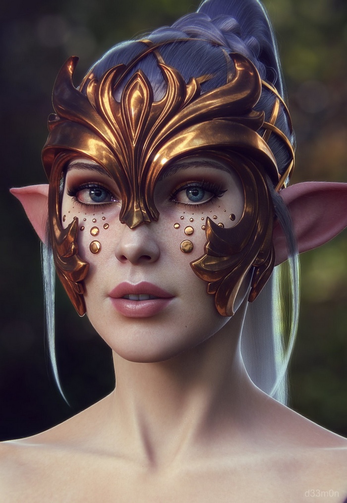 Fantasy art of an elf with golden mask