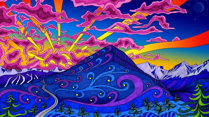Psychedelic mountain landscape with sun rays and moon