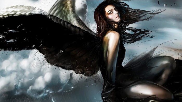 Dark angel with black wings in a storm