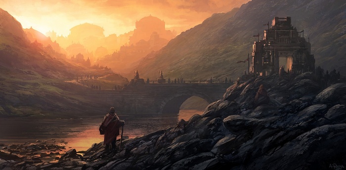Fantasy landscape with ancient ruins and a traveler