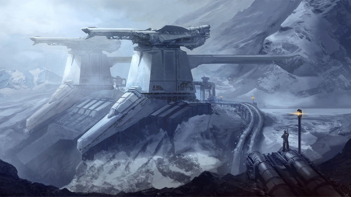 Science fiction artwork of a futuristic industrial complex in a snowy mountain landscape