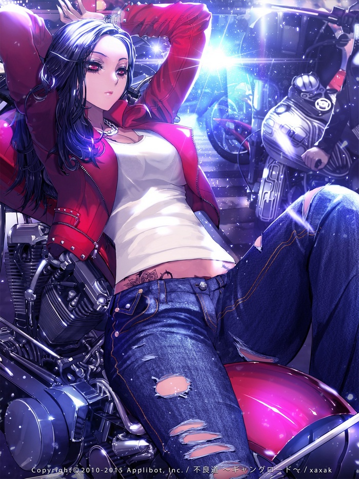 Anime girl in red jacket and ripped jeans on motorcycle