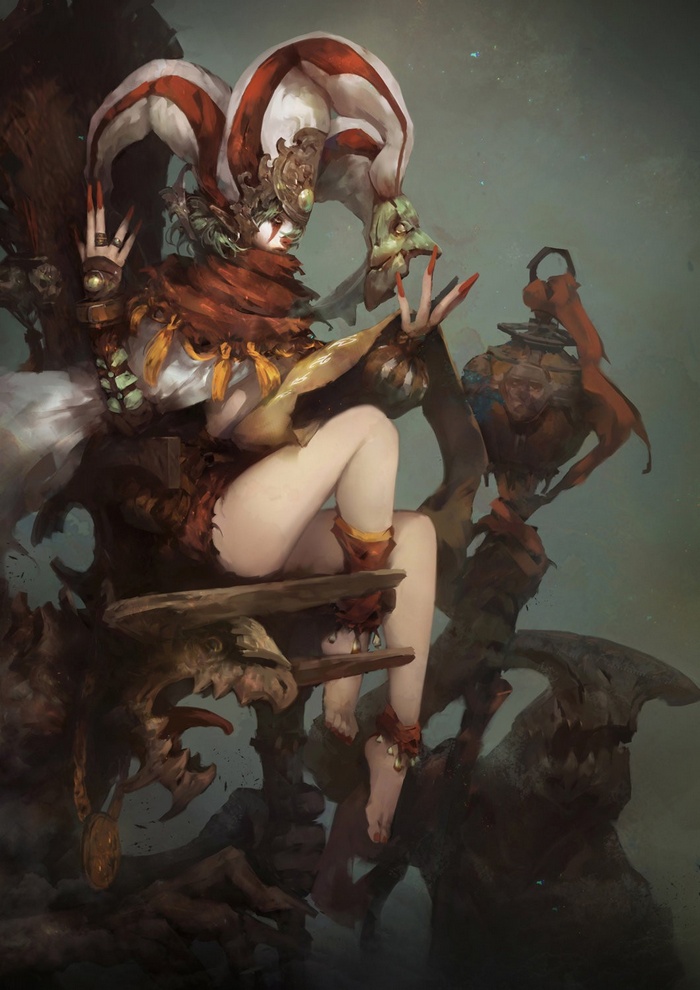 Jester woman sitting on a throne