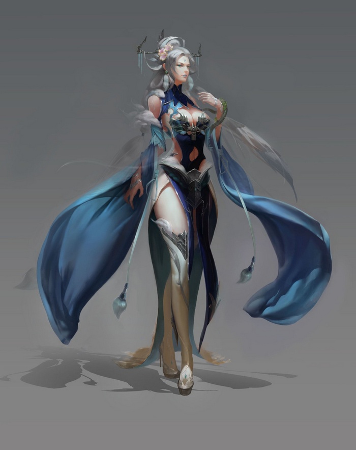 Anime girl with flowing blue dress and white hair