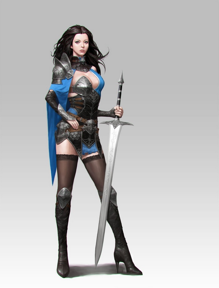 Warrior woman with a sword and blue cape