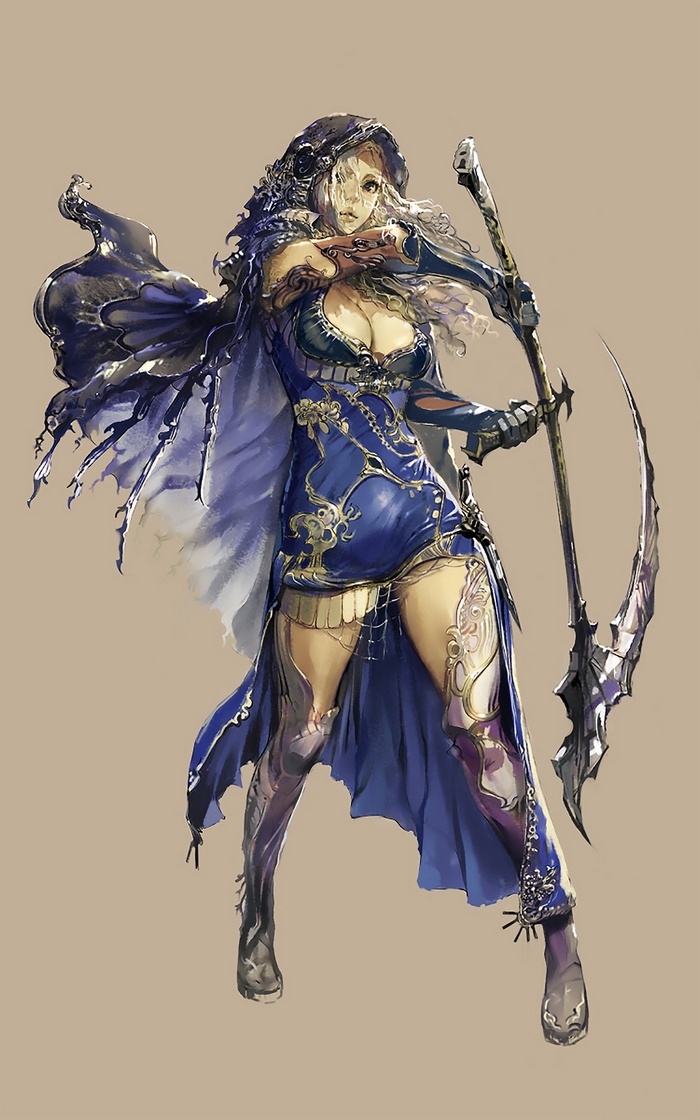 Woman in blue dress holding a scythe