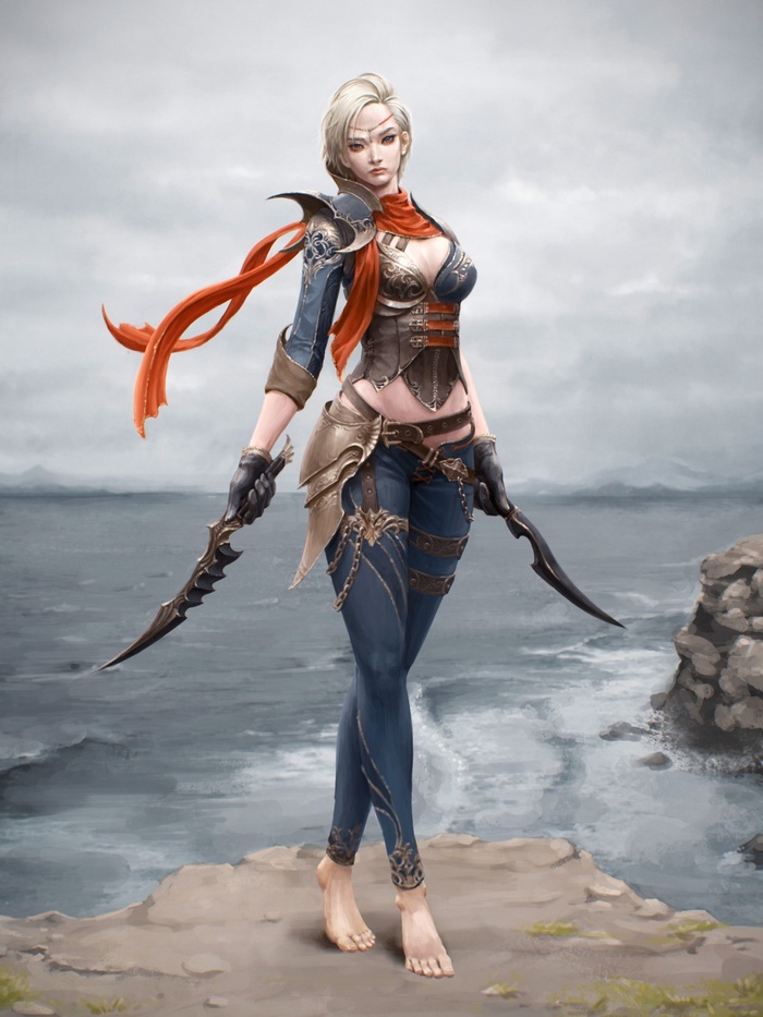 Female warrior with daggers by the sea