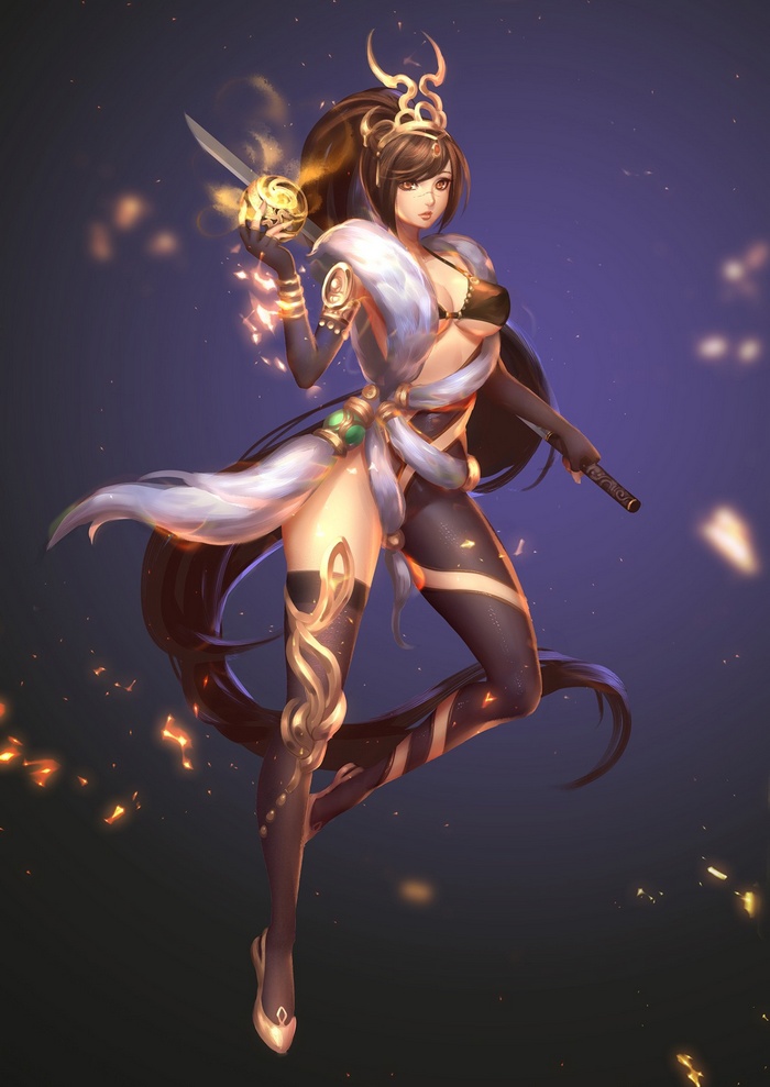 Anime warrior woman with sword and golden orb
