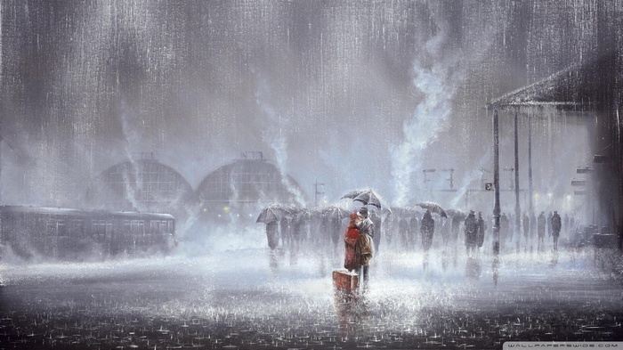 Couple kissing at a rainy train station painting