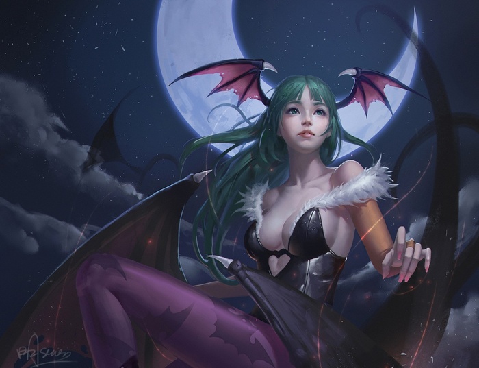 Morrigan Aensland from Darkstalkers under the moon