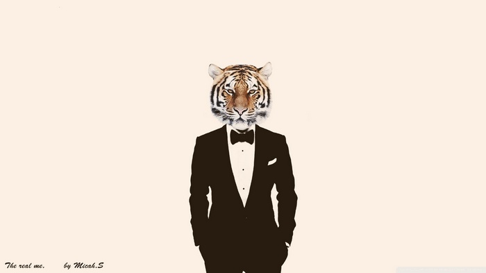 Tiger in a tuxedo with text