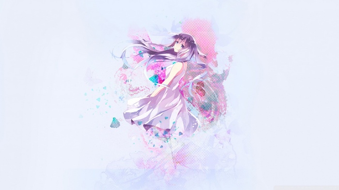 Anime girl with purple hair in a white dress