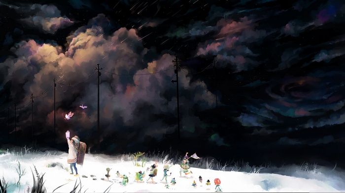 Fantasy art of children in snow under dark clouds