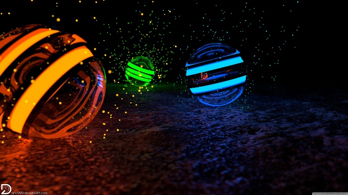 Orange, Green, and Blue Spheres with Glowing Particles