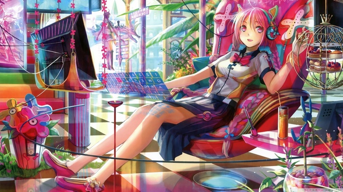 Anime girl with pink hair and headphones using technology