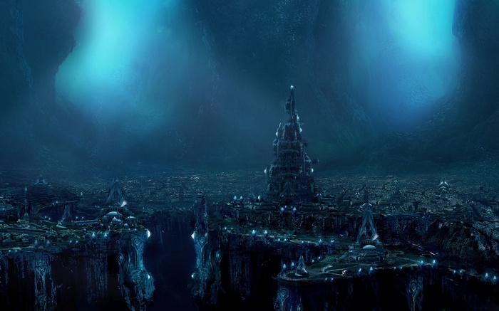 Futuristic underwater cityscape with glowing lights